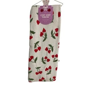 Envogue Viral Cherry Knit Throw Blanket 50x70in White Cherry Hearts Plush Cozy
